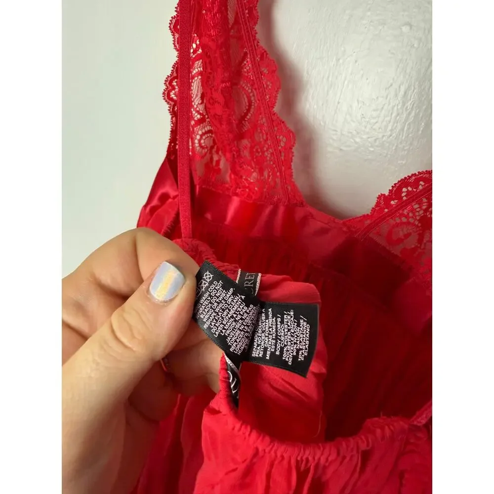 Victoria's Secret Red Lace Pleated Babydoll Chemise Slip Lingerie Women's Size L